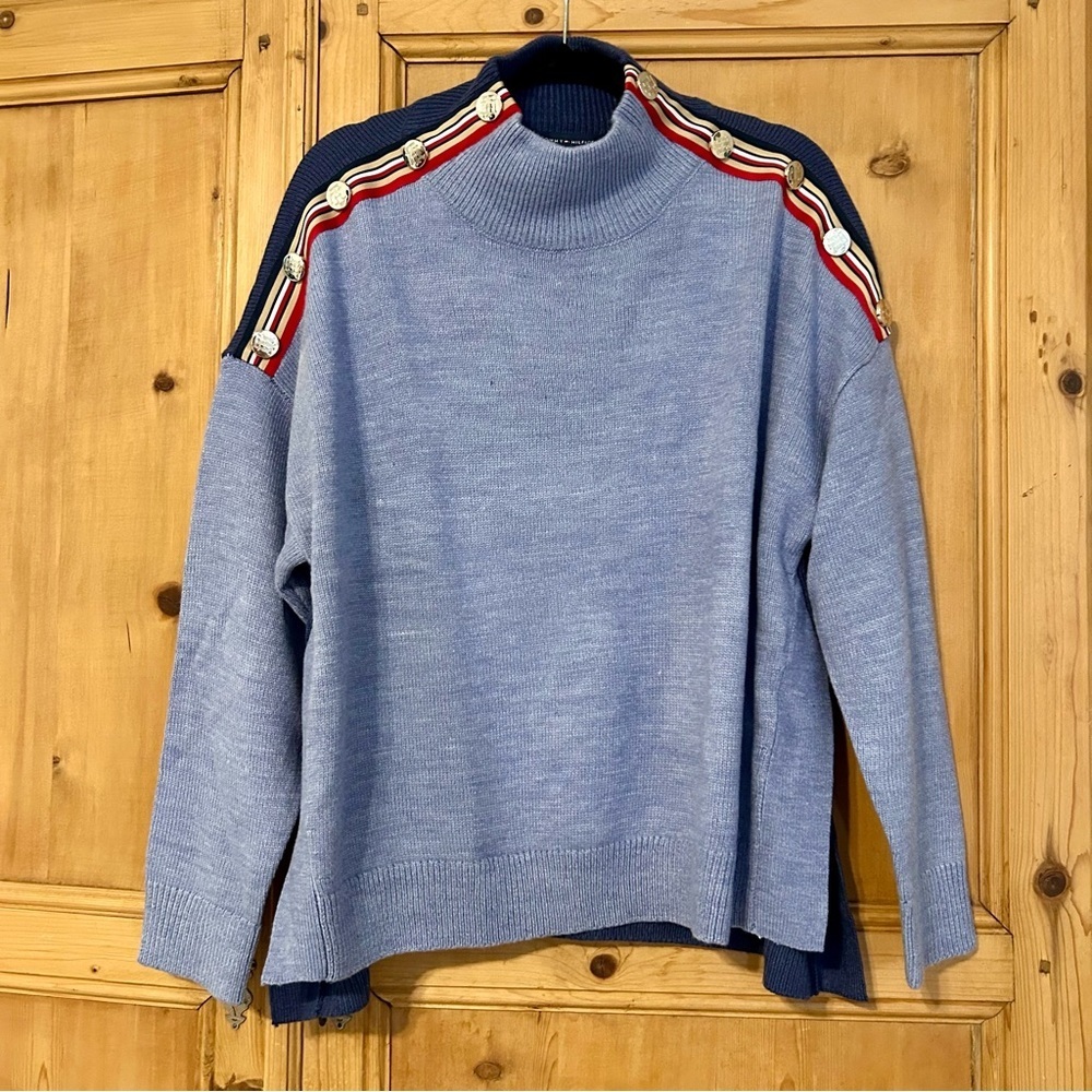 Tommy Hilfiger Women’s Blue Sweater with Stripes and Silver Button accent $89